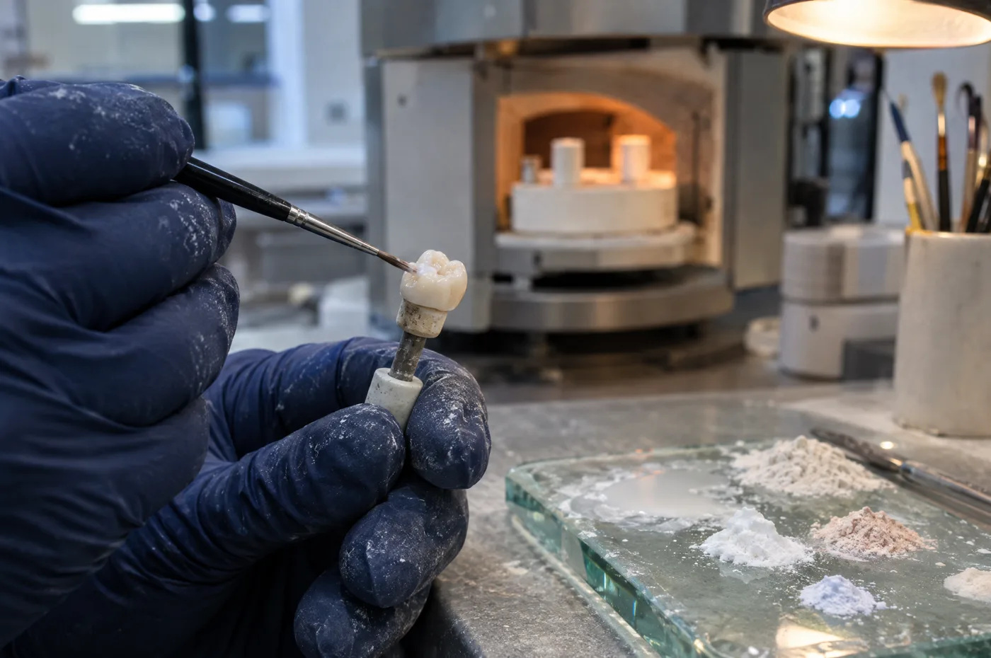 Ceramist layering porcelain on a crown beside the furnace
